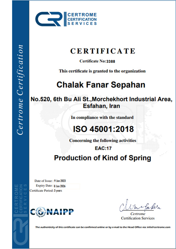 Chalak Fanar Sepahan , Certificates ISO 45001